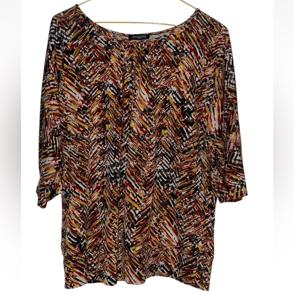 Notations Petite Women's Blouse 3/4 Sleeve Abstract Pattern Fall Colors Size PL